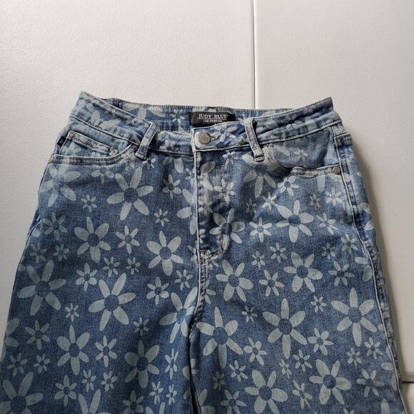 Judy Blue Jeans Womens 29 Blue Wide Crop Daisy Floral Raw Hem Stretch JB88772 - Picture 4 of 12